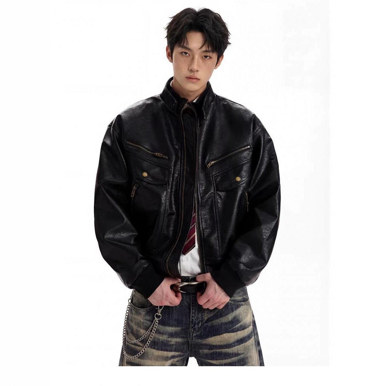 American retro textured niche design PU leather jacket for men and women, spring and autumn oversized biker jacket with stand-up collar