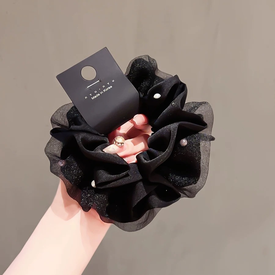 61#Black mesh pearl satin stitching about 13cm