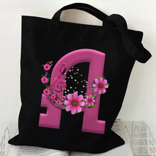 跨境热卖粉花音符字母定 制帆布袋 亮粉色立体装饰手提袋购物袋