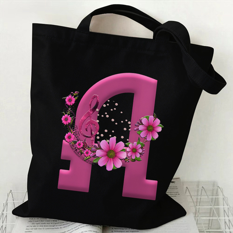 跨境热卖粉花音符字母定 制帆布袋 亮粉色立体装饰手提袋购物袋