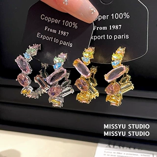 彩晶环韵！锆石方形圆形C形耳钉简约时尚耳环精致小众百搭耳饰女