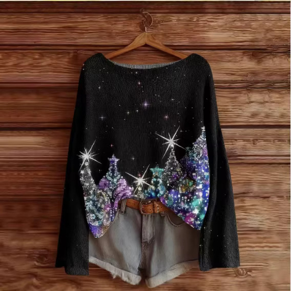 Cross-Border New Autumn and Winter Christmas Faux Sweater Long-Sleeve Floral Amazon Shein Top Hot-Selling Drop-Shoulder Long-Sleeve T-Shirt