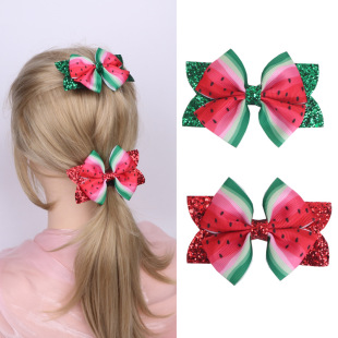 New Cross-border Summer Printed Watermelon Pattern Glitt Sequin Bow Girl's Cute Sweet Hairpin