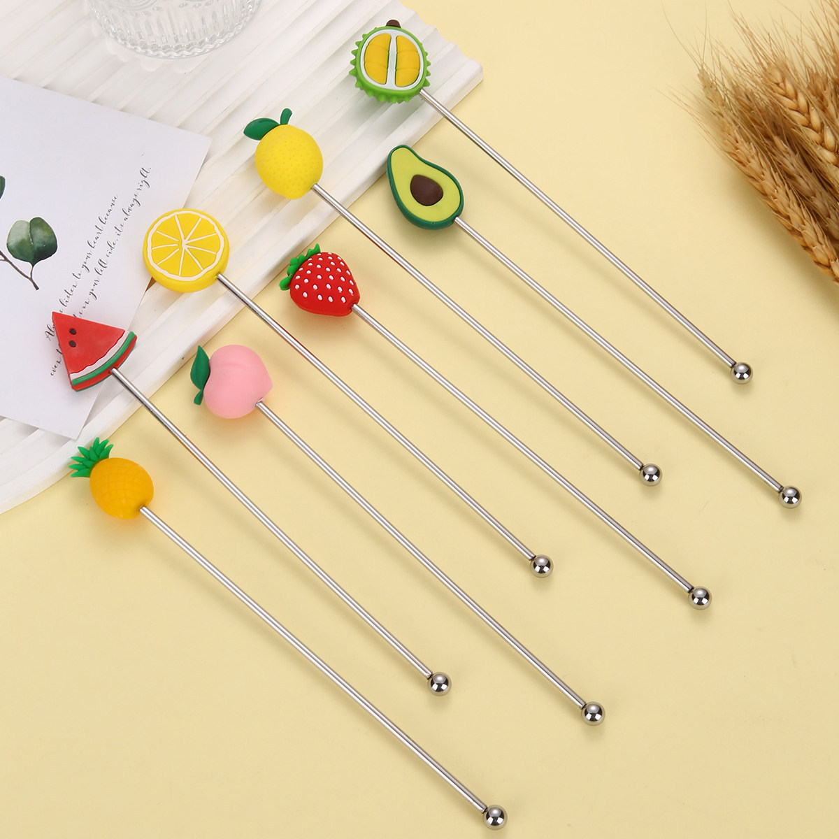 304 Stainless Steel Fruit Stirring Stick Creative Long-Handled Cocktail Stirring Spoon Dessert Coffee Spoon Bar Mixing Stick