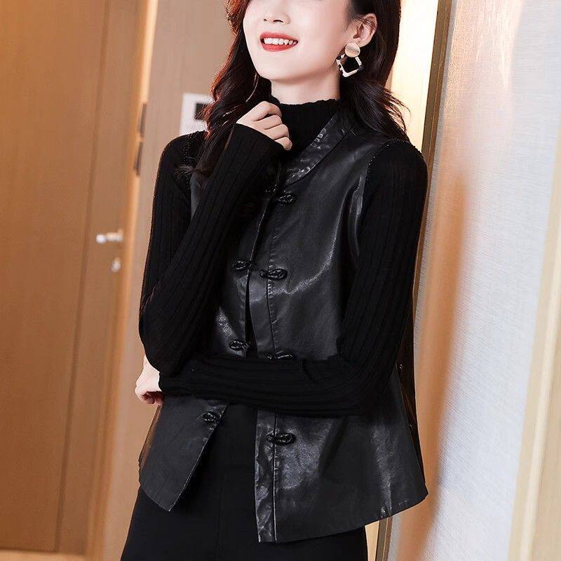 Áo khoác vest da nữ kiểu ngắn dáng gile cài khuy, mặc ngoài mùa thu — Màu đen [chất lượng cao] chi tiết 20