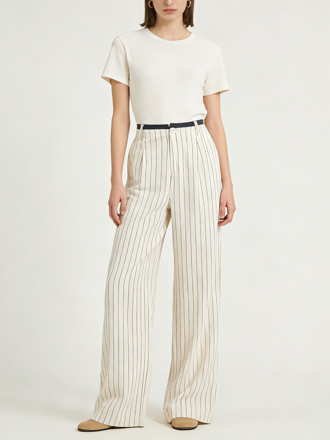 Quần culottes nữ ống rộng vải lanh sọc dọc, cạp cao phối màu, dáng suông thoáng mát — Vải gai sọc