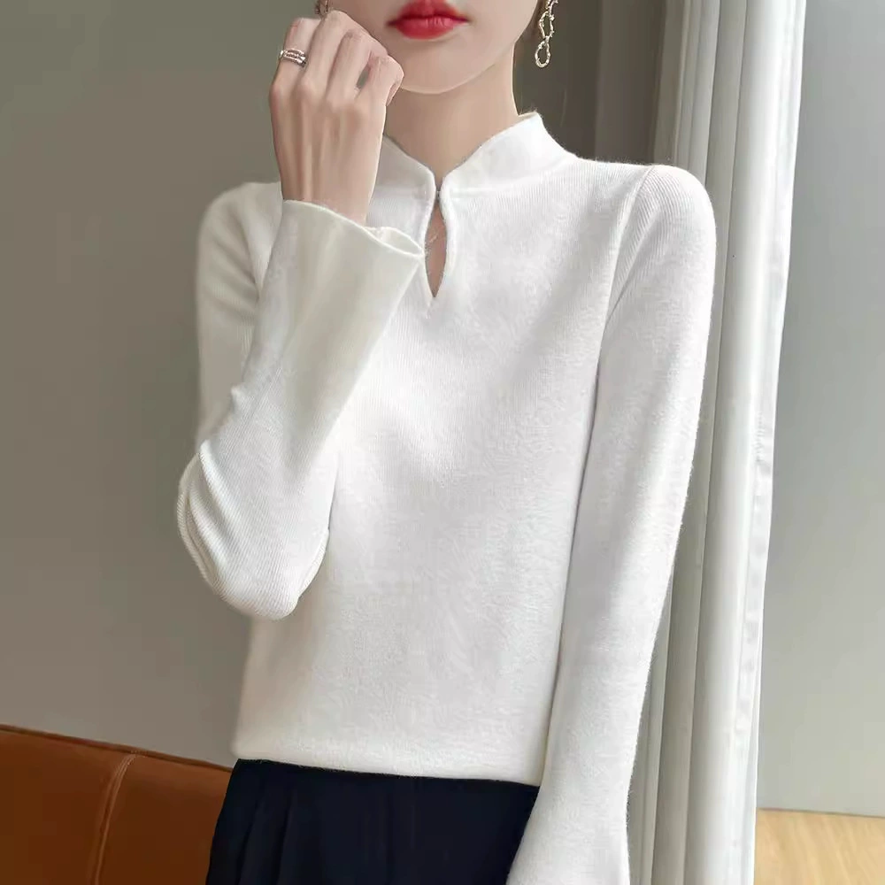Новый пуловер в национальном стиле на пуговицах с воротником-стойкой в ​​китайском стиле, однотонный бархатный трикотаж Andy для женщин с модными элегантными рукавами-колокольчиками