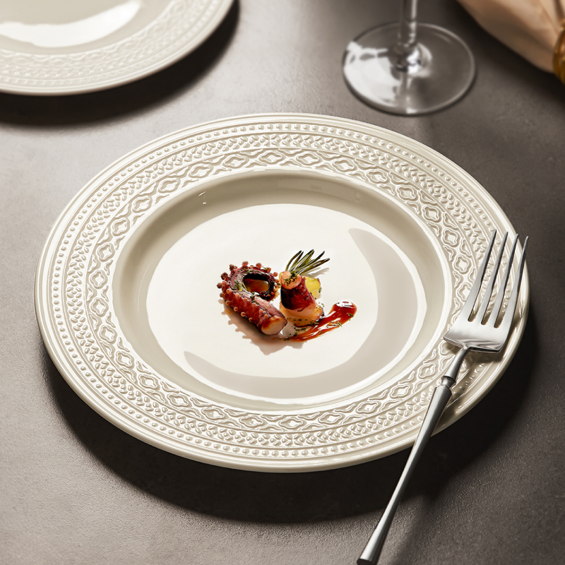 French-Style Vintage Embossed Steak Dinner Plate, Western-Style Tableware, Light Luxury Dish, Household Ceramic Bowl and Plate Set