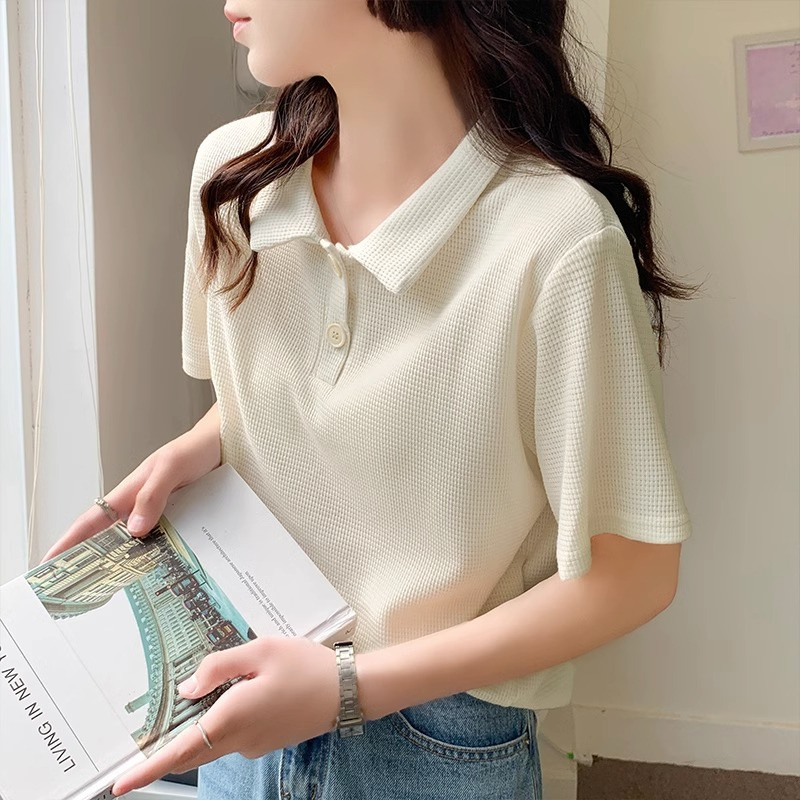 2026 Summer New Waffle Polo Shirt in Apricot Color, Loose Fit, Youthful Short-Sleeve T-Shirt for Women, Inner Wear Top