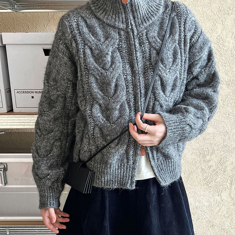 慵懒风翻领麻花毛衣外套女秋冬新款韩系宽松拉链加厚针织开衫上衣|undefined
