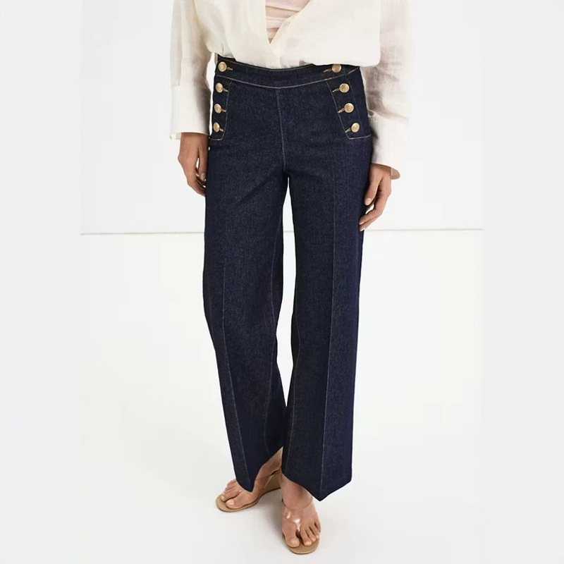 Cross-border European and American vintage high-waisted multi-button wide-leg jeans, washed and distressed, fashionable loose-fitting nautical style sailor pants Cross-border European and American vintage high-waisted multi-button wide-leg jeans, washed and distressed, fashionable loose-fitting nautical style sailor pants