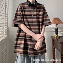 日系高级感拼接条纹短袖t恤男女小众夏季简约宽松纯棉打底衫上衣