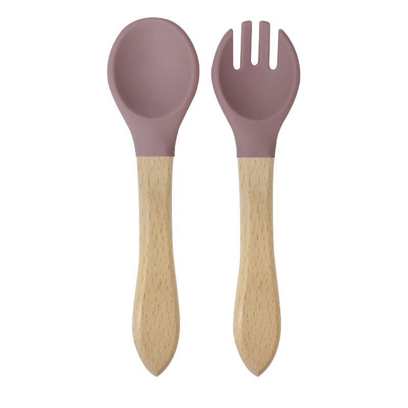 Bebé mango de madera tenedor cuchara traje de alimentación de los niños de madera mango tenedor cuchara conjunto cuchara de silicona tenedor bebé alimento suplemento tenedor cuchara traje image 14