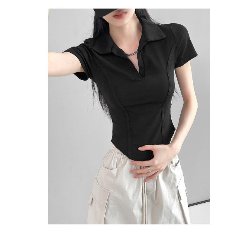2025 夏の新ヨーロッパとアメリカのホットガールスタイルショルダー半袖 Tシャツ女性のポロラペルウエストフィッシュボーン痩身トップ|undefined