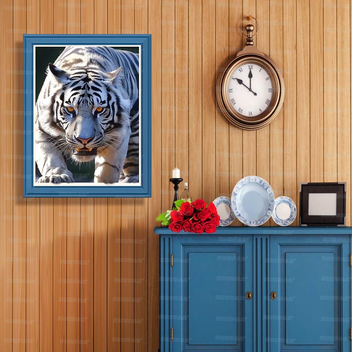 Mona Lisa real bordado de cruz tigre blanco nuevo estilo animal arte moderno sala de estar decoración pintura bordada de hilo a mano image 2