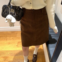复古感咖棕色灯芯绒高腰半身裙女秋冬季直筒百搭显瘦a字中裙