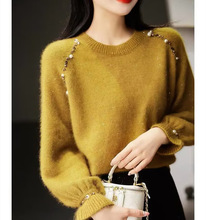 半高领荷叶边袖针织衫女2023秋季新款宽松设计感钉珠韩版保暖毛衣