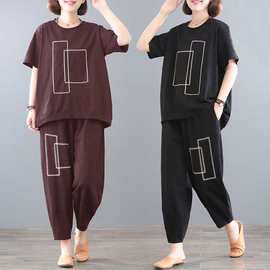 大码女装宽松时尚休闲运动套装加肥加大胖妹妹短袖九分裤两件套