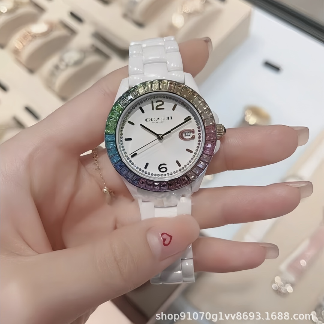 蔻家驰陶瓷镶钻手表女时尚学生石英女表七彩渐变时标日历腕表外贸