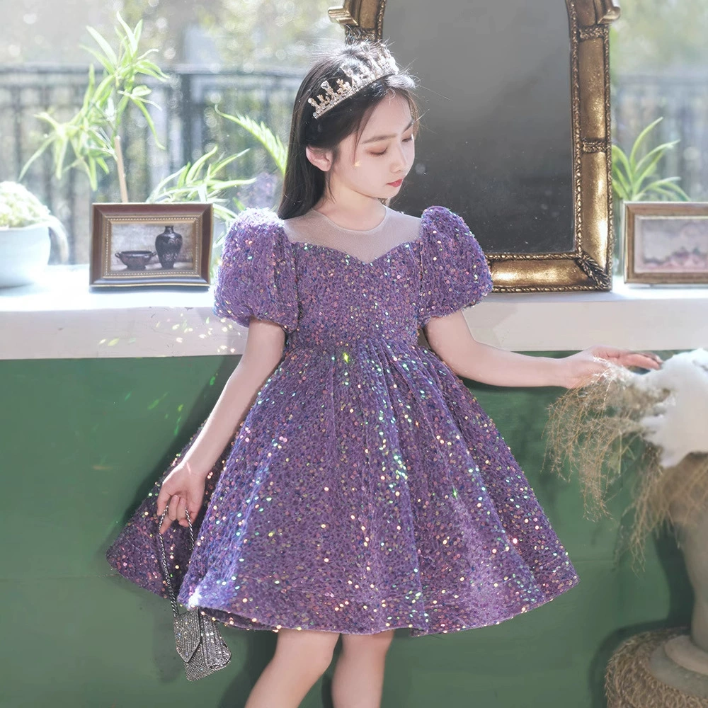 Purple nail sequins, dress, children's small princess costume, light luxury style, Birthday gift, for catwalk