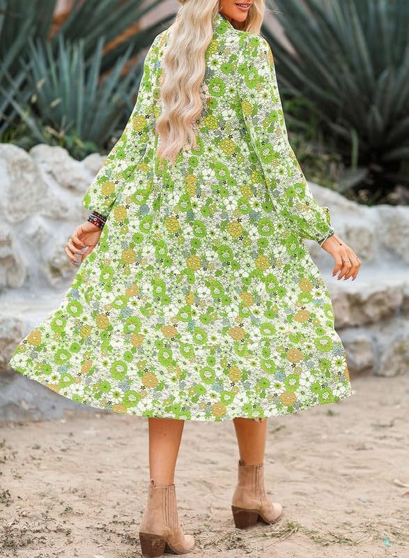 Casual Loose Fitting Bohemian Floral V Neck Dress Long Sleeved Puff Sleeve Women's Clothing New Spring Summer_ecoleips.com