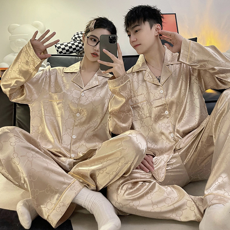 Pijama de pareja de seda de hielo para mujer primavera delgada manga larga para hombre jacquard de seda de hielo más tamaño Conjunto Avanzado de dos piezas