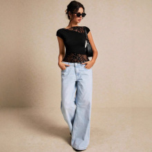 2025夏季女士蕾丝拼接不对称设计修身显瘦短袖针织衫时尚百搭