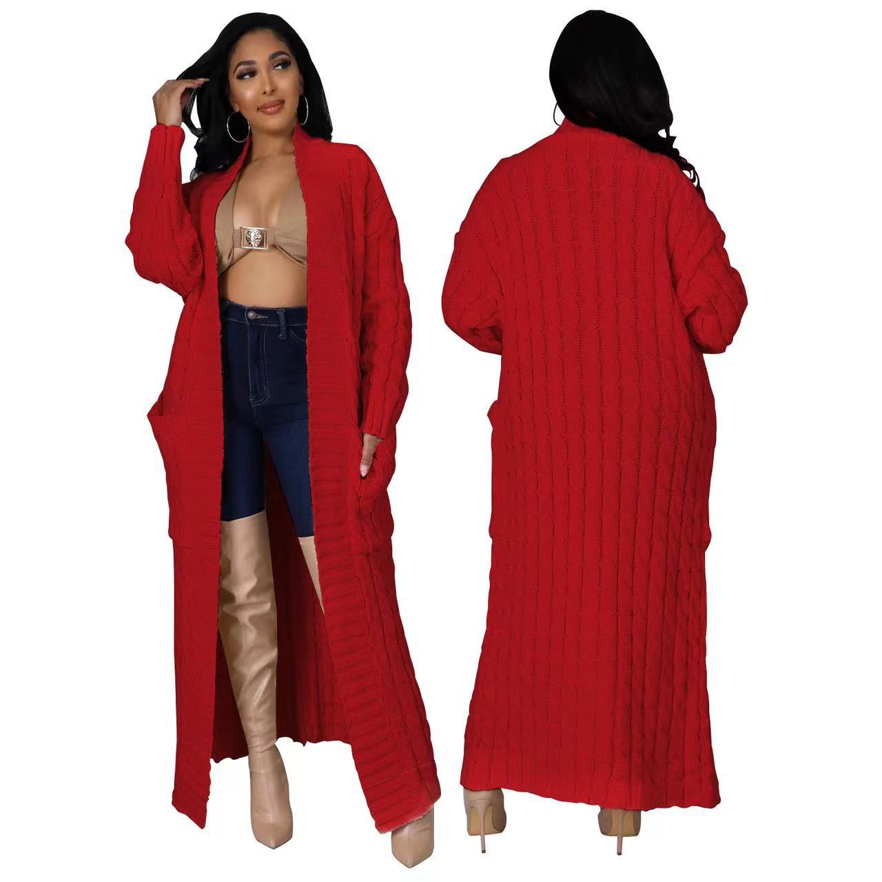 2025 nuevo otoño e invierno Amazon ropa de mujer europea y americana moda bolsillo cárdigan casual suéter de manga larga largo color sólido exterior