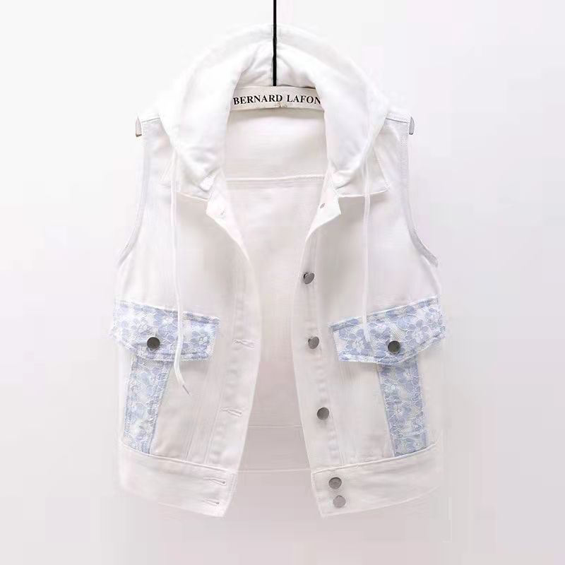 Export Foreign Trade Spring and Summer Hooded Denim Vest Women's Korean-style All-match Sleeveless Vest with Hood Shoulder Top Trendy