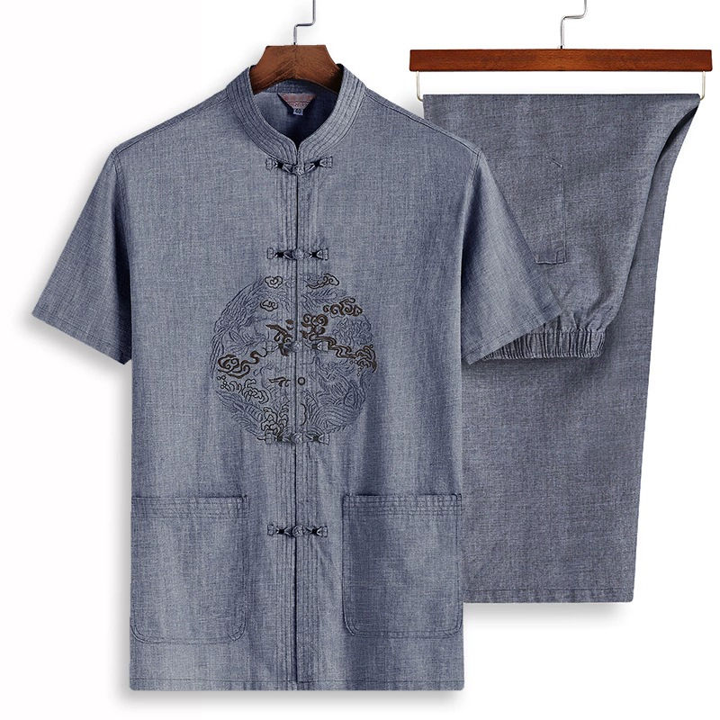 Средний и пожилой папа льняные футболки для мужчин летом тонкий китайский стиль костюм свободно вышитый костюм с короткими рукавами