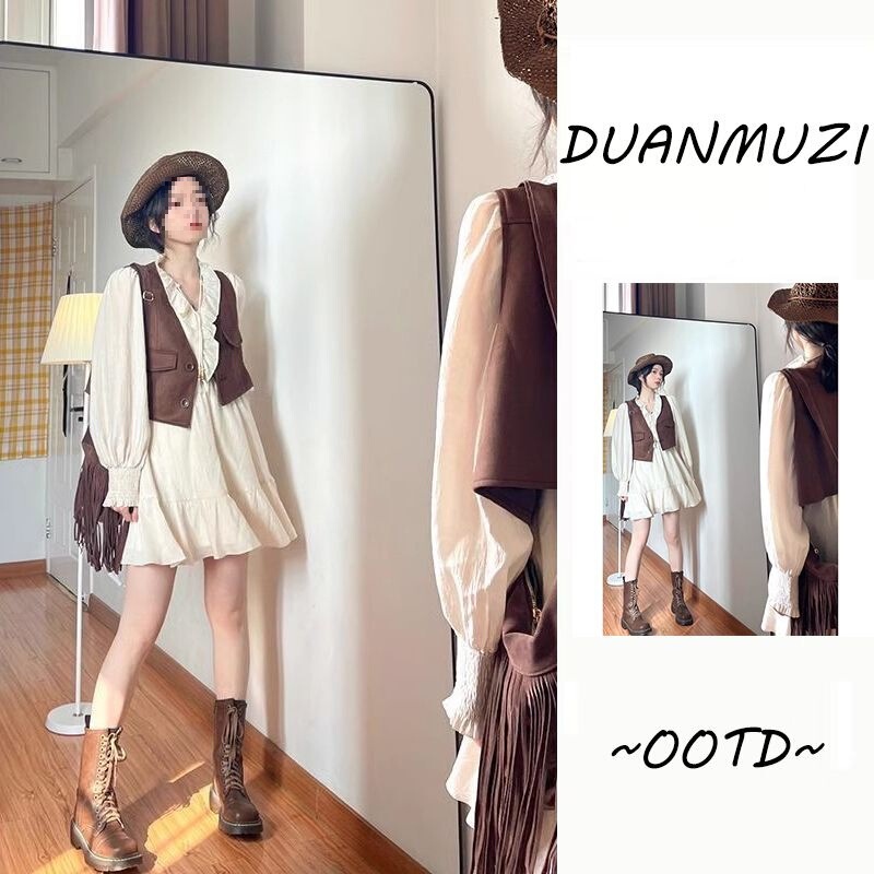 Bohemian Vacation Brown Waistcoat Jacket + Lace-Up Edge Spring and Autumn Dress Two-Piece Set
