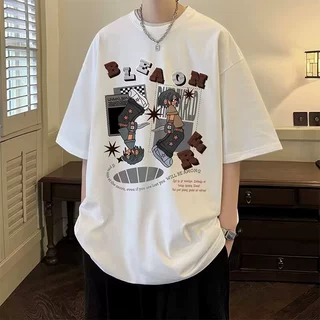 美式高街嘻哈短袖T恤男夏季酒红色潮牌重磅潮流青少年5分半袖上衣
