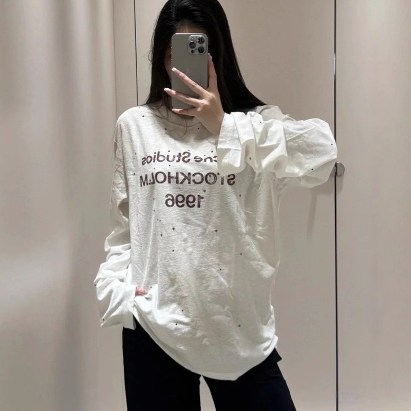 25早春新款1996做旧字母褪色喷绘烫钻宽松长袖T恤女 白色内搭长袖|undefined