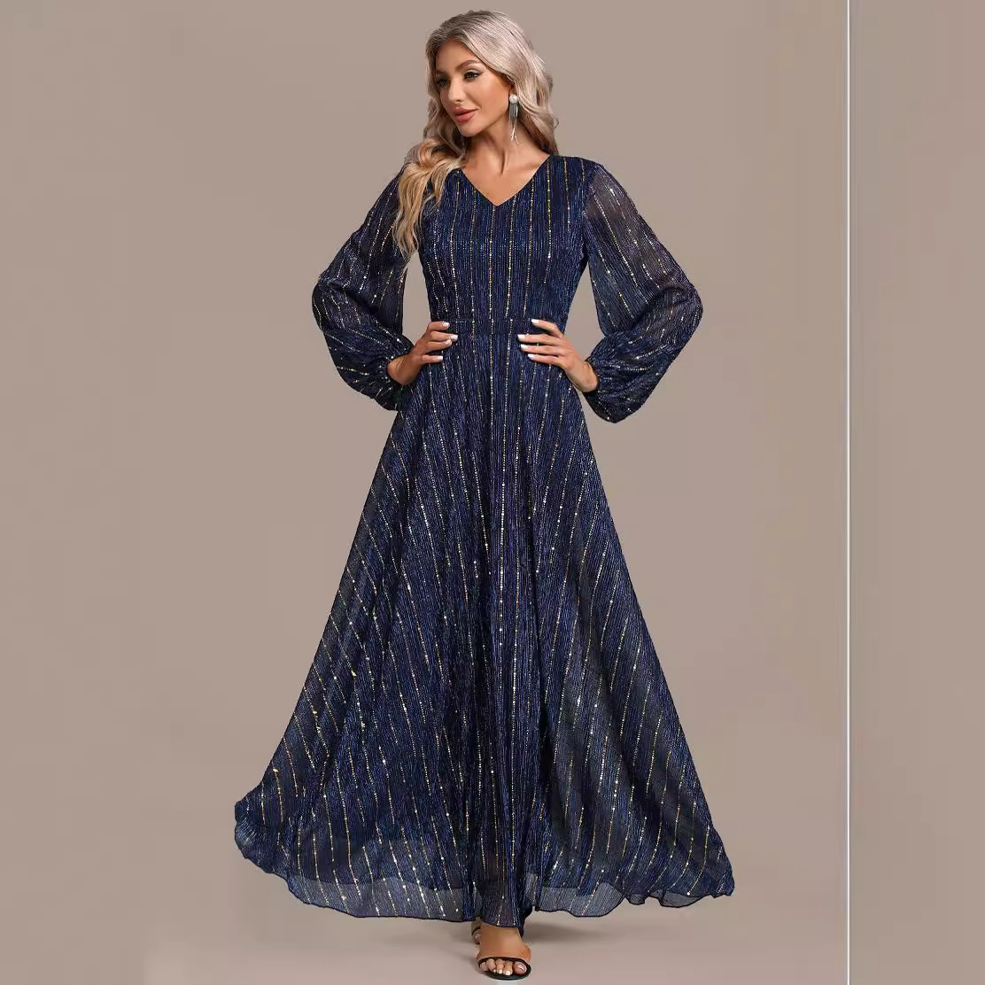 Cross-Border New European and American Middle Eastern Sequined Dresses, Fashionable Celebrity Style Dresses, Banquet Dresses, Long-Sleeved Evening Dresses