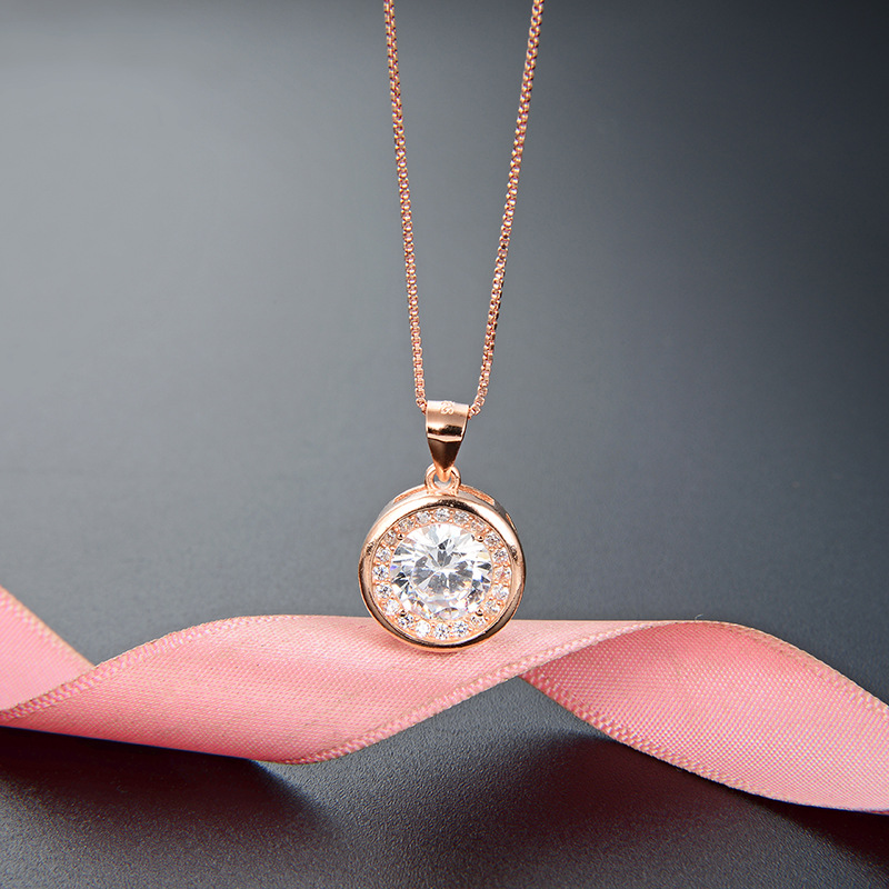 Estilo japonés y coreano de moda simple geométrica redonda clavícula cadena collar s925 plata esterlina con incrustaciones ZIRCON oro rosa colgante para las mujeres