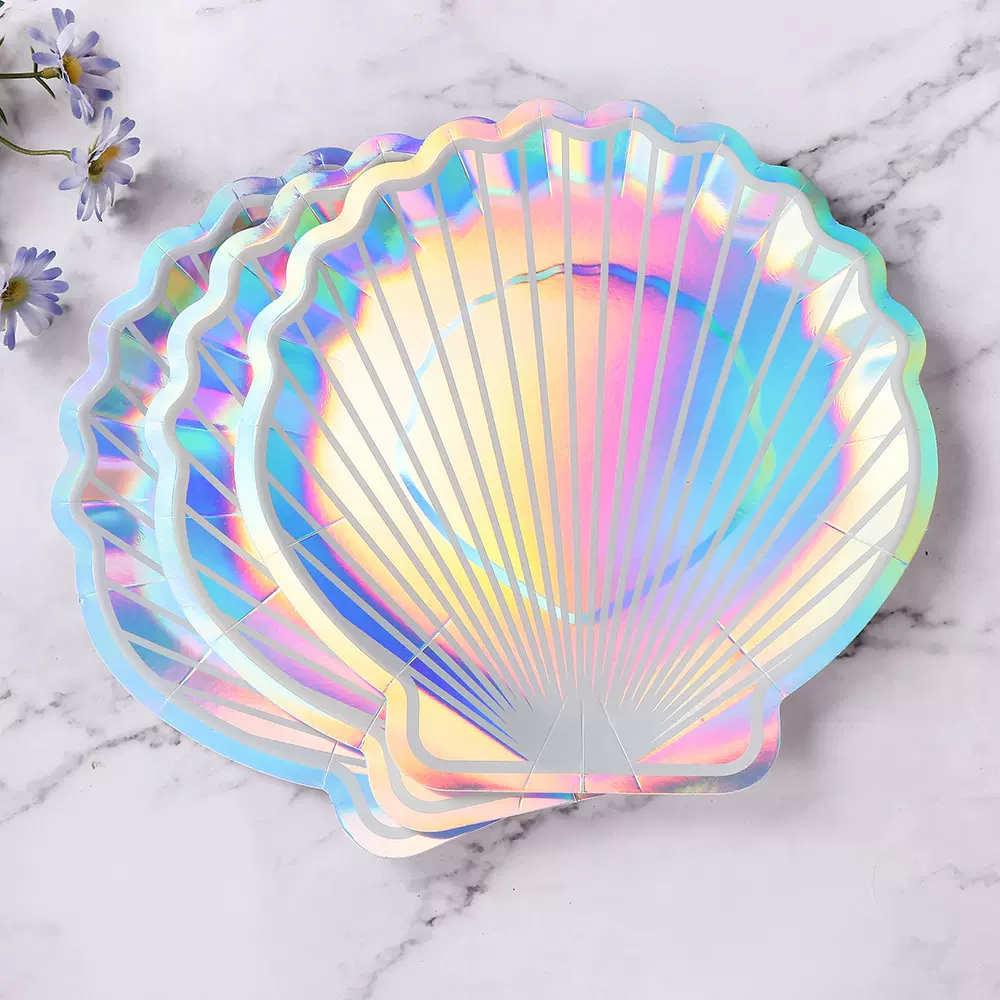 凌荣模切炫彩纸盘节日生日派对餐盘镭射贝壳一次性白卡盘节日派对