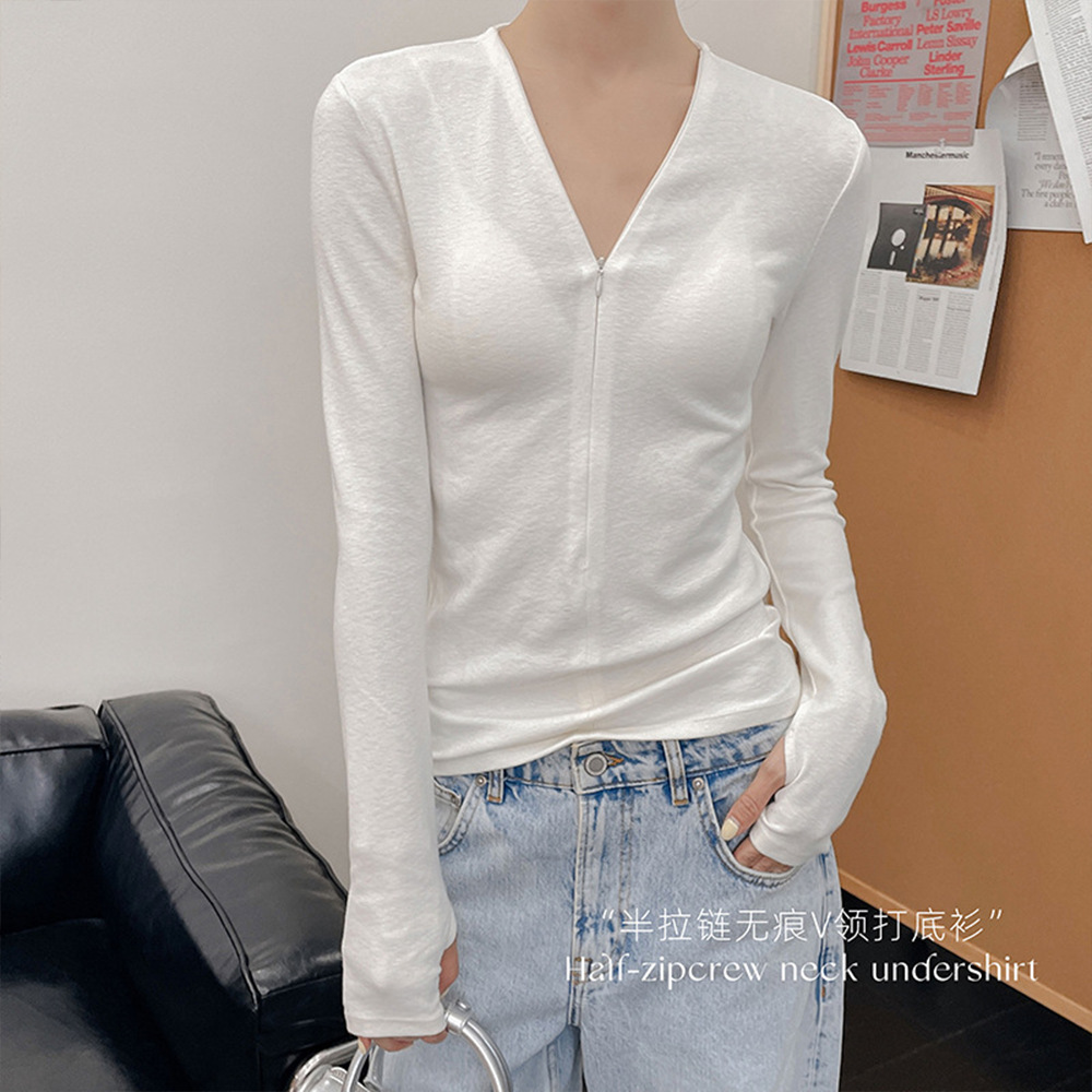 Special offer cotton half-zip seamless V-neck base layer women's basic solid color inner and outer wear slimming base layer