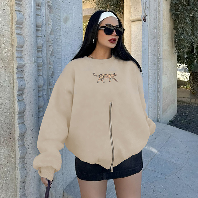 Women Clothing Winter round Neck Zipper Leopard Print Long Sleeve Loose Fitting Casual Pullover Coat
