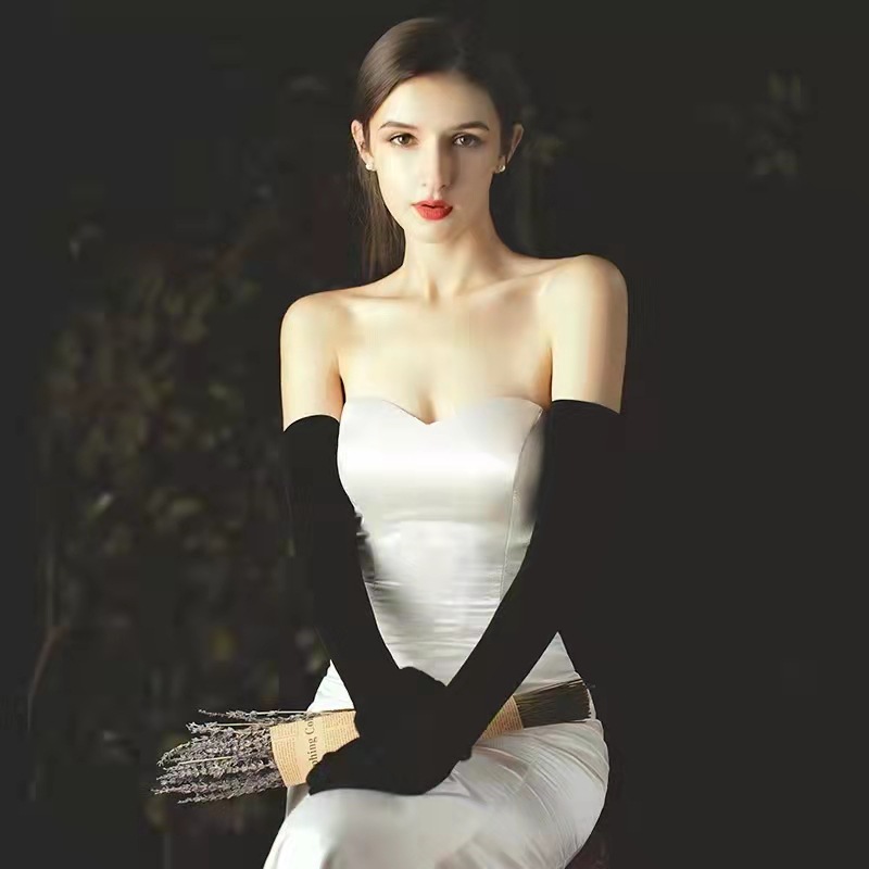 Winter velvet black long keep warm gloves for bride