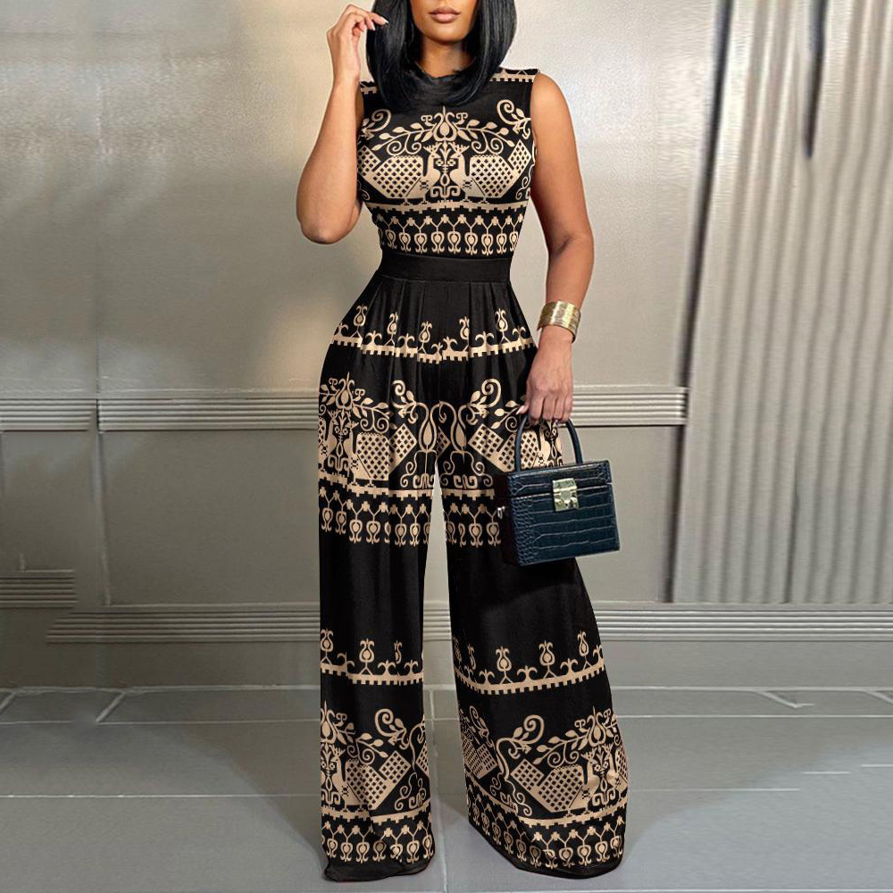 Spandex Fabric Type Mid Waist Waist Line Women'S Casual Street Jumpsuit Casual Printing Full Length Zipper