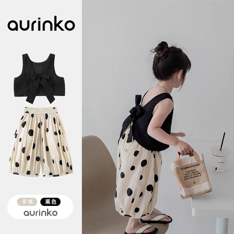 Костюм для девочек Детская летняя одежда из двух частей жилет в западном стиле с короткими рукавами, повседневные шаровары для средних и больших детей, тонкие широкие брюки