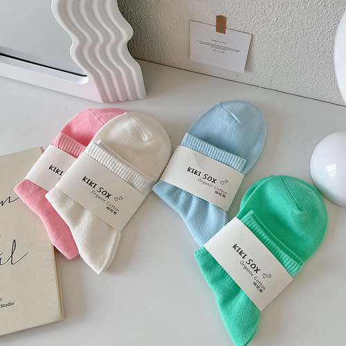 White socks women's mid-calf cotton socks ins trendy summer thin solid color Japanese candy-colored socks women's summer cream