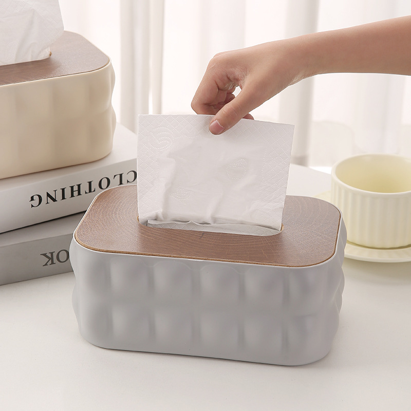 Caja de toallas de aire crema simple caja de almacenamiento de escritorio con cubierta de madera caja de extracción de papel creativa caja de extracción de papel de lujo ligera sala de estar doméstica