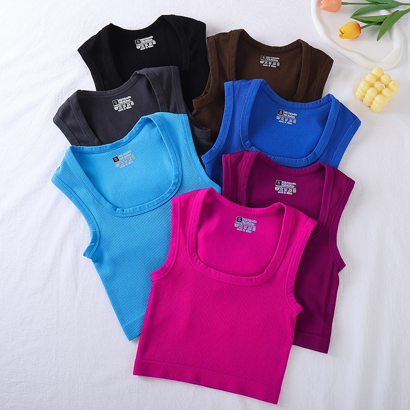 New Seamless Rib High Neck Sports Vest Full Wrap Vertical Stripe Running Fitness Yoga Clothes Quick Dry Women's Top