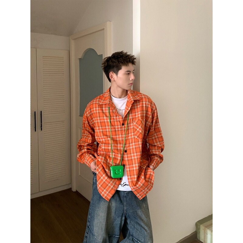 2026 American retro orange plaid long-sleeve shirt for men and women, loose fit, versatile, casual, high street, couple's shirt, trendy brand 2026 American retro orange plaid long-sleeve shirt for men and women, loose fit, versatile, casual, high street, couple's shirt, trendy brand