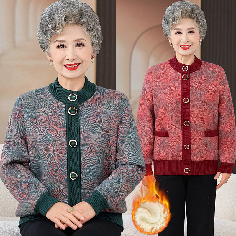 Осенняя и зимняя пожилая мама пожилая мама свитер кардиган куртка с бархатным толстым весенним и осенним вязаным одеждой бабушки