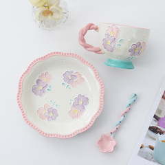 Hand-painted Relief Ceramic Plate Home Tableware Western Dinner Plate Pasta Plate Cute Fruit Plate Girl Heart Salad Plate Wholesale