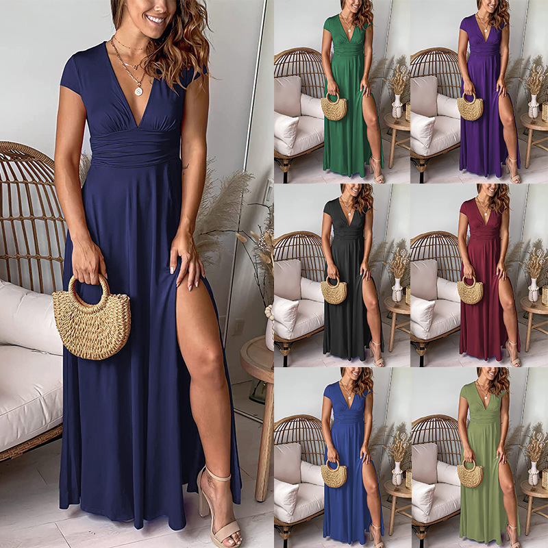 Women's Deep V Neck Short-Sleeved Long Dress Pleated High-Waisted Slit Club Party Evening Dress Pure Color Dress