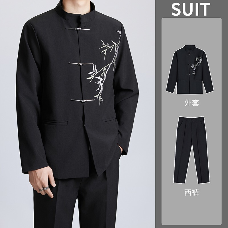 New Chinese Embroidered Bamboo Metal Buckle Tang Suit Jacket Men's Loose plus size Zhongshan Suit suit Vintage Cross-border Suit New Chinese Embroidered Bamboo Metal Buckle Tang Suit Jacket Men's Loose plus size Zhongshan Suit suit Vintage Cross-border Suit