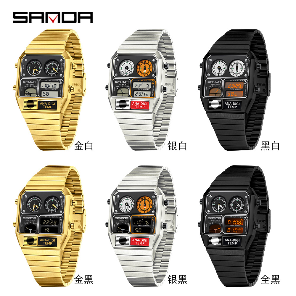 SANDA SANDA 3192 reloj electrónico de acero cuadrado reloj electrónico de temperatura cronómetro nocturno multifuncional